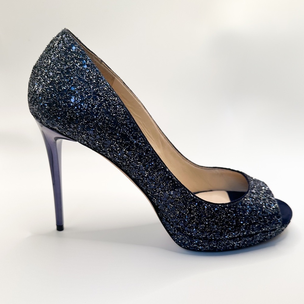 JIMMY CHOO Luna 100 Peep Toe Glitter Heel 39